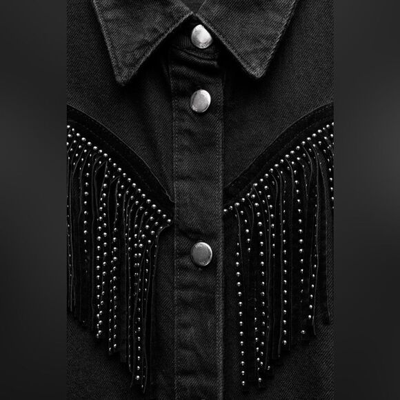 ZARA STUDDED FRINGED DENIM JACKET Z1975 - Picture 8 of 9